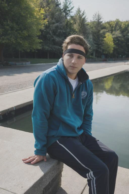 A dg_ShawnPyfrom man <lora:dg_ShawnPyfrom-v1:0.7>, solo focus, male focus, epic composition, reflection on water, emotionscape, male late twenties plump, european, steel gray eyes, protruding ears, unique chin, low jawline, defined cheeks, graceful arch of the foot, , auburn side part hair, disappointment wearing track pants, fleece pullover, ,blindfold , arms wrapped around oneself, indicating self-comfort,