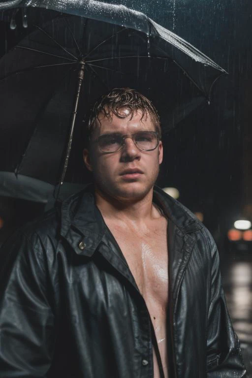 RAW photo, expressive face, anxious facial expression, 20yo 1boy, dg_Tuck <lora:dg_Tuck_v1:0.8>, bully, dark city streets, raining, black jacket, black sunglasses, wet, wet hair, detailed realistic hands, outdoors, nighttime, dark, night,