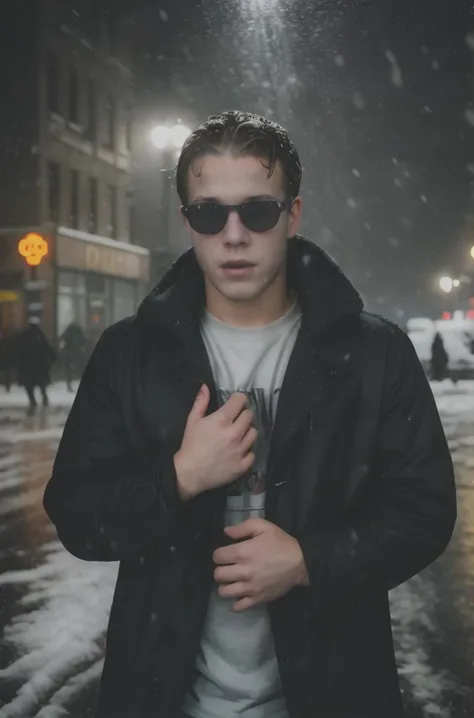 RAW photo, expressive face, anxious facial expression, 20yo 1boy, dg_ShawnPyfrom <lora:dg_ShawnPyfrom-v1:0.8>, bully, dark city streets, snowing, snowfall, black jacket, black sunglasses, wet, wet hair, detailed realistic hands, outdoors, nighttime, dark, night,