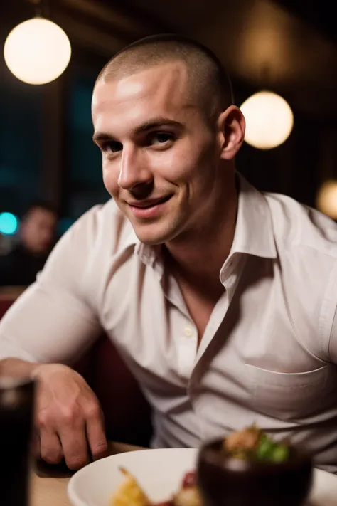 wide angle, athletic guy at table booth,soft smile, buzzcut, unbuttoned shirt,
dark low lit , clutter, date night, elegant restaurant, crowded, ((dimly lit, low lit, deep focus, snapchat)),
bad quality , grainy jpg , blurred, motionblur, ugly,