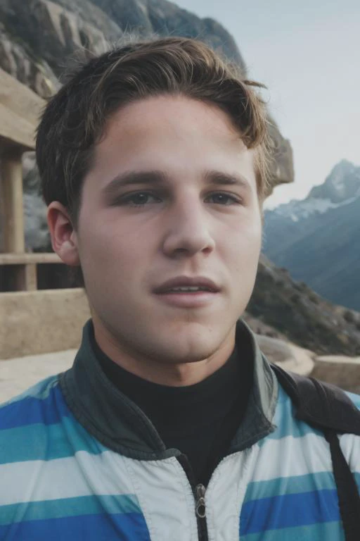 A (dg_ShawnPyfrom young man <lora:dg_ShawnPyfrom-v1:0.85>, upper body, expressive face, solo focus, short hair, male focus), epic composition, (mountain breeze, pollution, extraterrestrial, interstellar, cosmology, meteor shower:0.4),