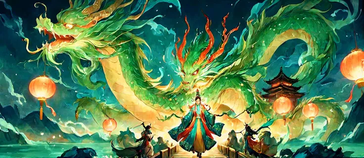 ((masterpiece)) Envision a vibrant Lunar New Year celebration at night, under the glow of a full moon. An intricately detailed dragon,1dragon, singular dragon adorned with emerald and golden scales, soars majestically above in the night sky. The scene is alive with men and women dressed in traditional attire for a Chinese New Year celebration, and the streets are surrounded by a sea of traditional Chinese lanterns, lighting up the night sky. <lora:xl_shuimo:0.8> ink wash painting <lora:å½é£æç»SDXL:0.8> guofeng, chinese style (( Vibrant colors, high saturation, high contrast, extremely meticulously detailed )) <lora:AdvancedEnhancerXLv2:0.6> cinematic, cinematic shot, cinematic lighting <lora:extremely_detailed:0.6> extremely detailed