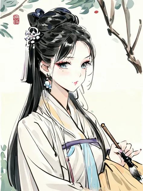 <lora:xl_æ°´å¢¨(kohaku_delta)2-000009:1>,ink wash painting, shuimo style, solo, 1girl, long hair, black hair, jewelry, earrings, hair ornament, paintbrush, mole, holding, chinese clothes, upper body, long sleeves, mole under eye, makeup, hanfu, calligraphy brush, branch, masterpiece, best quality,