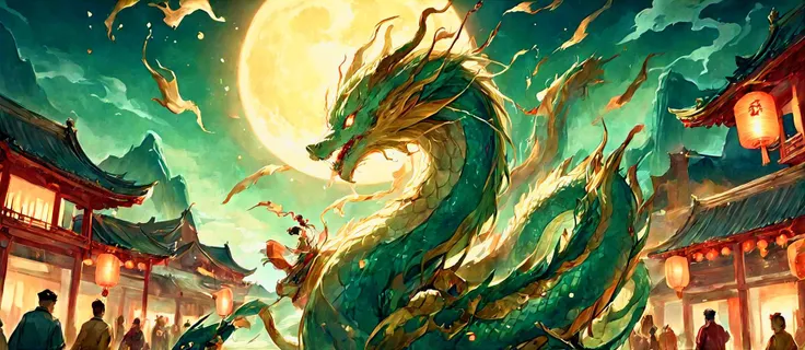 ((masterpiece)) Envision a vibrant Lunar New Year celebration at night, under the glow of a full moon. An intricately detailed dragon,1dragon, singular dragon adorned with emerald and golden scales, soars majestically above in the night sky. The scene is alive with men and women dressed in traditional attire for a Chinese New Year celebration, and the streets are surrounded by a sea of traditional Chinese lanterns, lighting up the night sky. <lora:xl_shuimo:0.8> ink wash painting <lora:å½é£æç»SDXL:0.8> guofeng, chinese style (( Vibrant colors, high saturation, high contrast, extremely meticulously detailed )) <lora:AdvancedEnhancerXLv2:0.6> cinematic, cinematic shot, cinematic lighting <lora:extremely_detailed:0.6> extremely detailed
