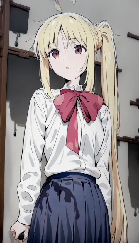 masterpiece, best quality, btr-nijika, 1girl, blonde hair, solo, side ponytail, skirt, long hair, ahoge, red bow, blue skirt, white shirt, pleated skirt,bowtie, long sleeves ,(ink wash painting:1.8) <lora:bocchi_xl:1.2> <lora:xl_shuimo:1.8>