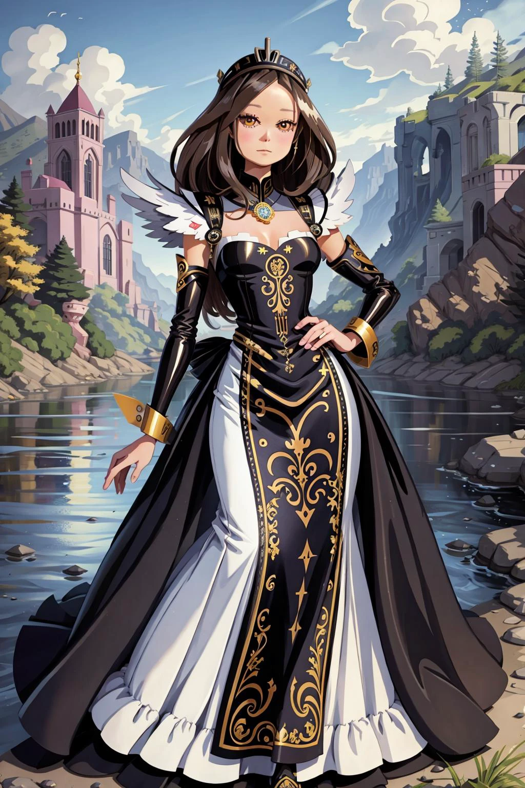 (sumgl4u:1.2), (masterpiece), (best_quality), (ultra-detailed), (illustration), (welcoming), 1girl, (by a river:1.3), scenery, full body, , happy, medium hair, dark brown hair, straight hair, (long dress, long evening gown:1.2), pose, wings, small breasts, wide hips, narrow waist, slim toned hourglass figure,, (apron:1.2),, official art, vivid color, finely detailed, hyper detailed, 8k, high resolution illustration, absurdres, intricate detail, <lora:EnvyCuteMix01:0.8>