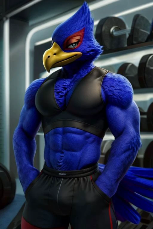 (high quality), Falco Lombardi, anthro, wearing black workout outfit, well build, muscular, muscular arms, pecs, smug, training, hi-tech gym, detailed face, detailed eyes, detailed body, full body view, digital art,