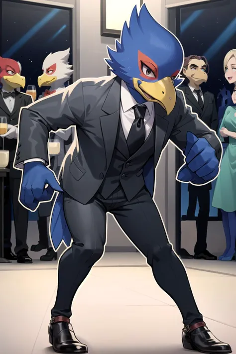 Falco, winged-arms, wearing a black suit and tie, at a formal party, surrounded by party guests, detailed background,