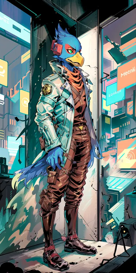 falco, falclothes,male, comic book, outdoor city, detailed ,standing, dramatic, heavy atmosphere, trench coat, cyberpunk style, vibrant colors, gloomy, backlight, very detailed background