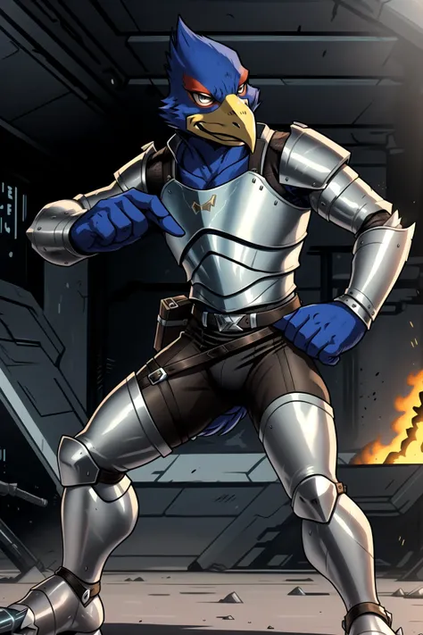 Falco, winged-arms, ((wearing silver plate_armor, silver greaves)), brown leather underclothes, on a battlefield, action pose