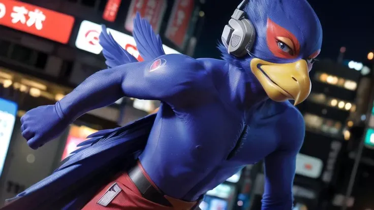 (8k, RAW photo, best quality, masterpiece:1.2), beautiful detailed eyes,floating hair,
smirk,sfw,
1boy, solo,falco,winged-arms,falclothes,
tokyo,harajyuku,shibuya,street,cyberpunk city,
dynamic angle,
<lora:falcoStarFoxLora_v1:0.85>