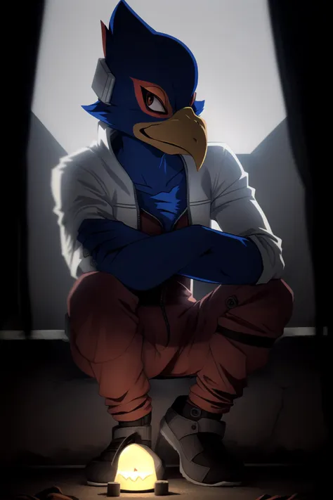 falco, falclothes, male, dramatic lighting, single light source, looking at viewer, telling a scary story, nighttime, outdoors, spooky,