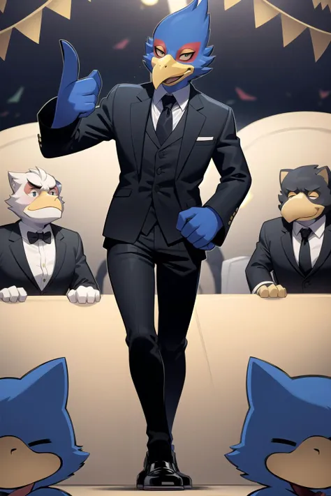 Falco, winged-arms, wearing a black suit and tie, at a formal party, surrounded by party guests, detailed background,