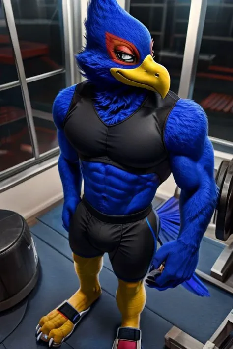 (high quality), Falco Lombardi, anthro, wearing black workout outfit, well build, muscular, smug, training, hi-tech gym, detailed face, detailed eyes, detailed body, full body view, digital art,