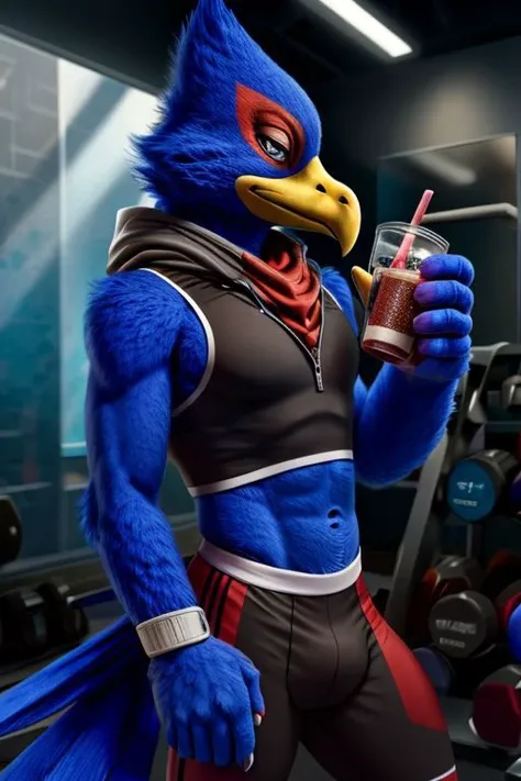 (high quality), Falco Lombardi, anthro, wearing black workout outfit, slim, drinking a red protein shake, hi-tech gym, detailed face, detailed eyes, detailed body, full body view, digital art,