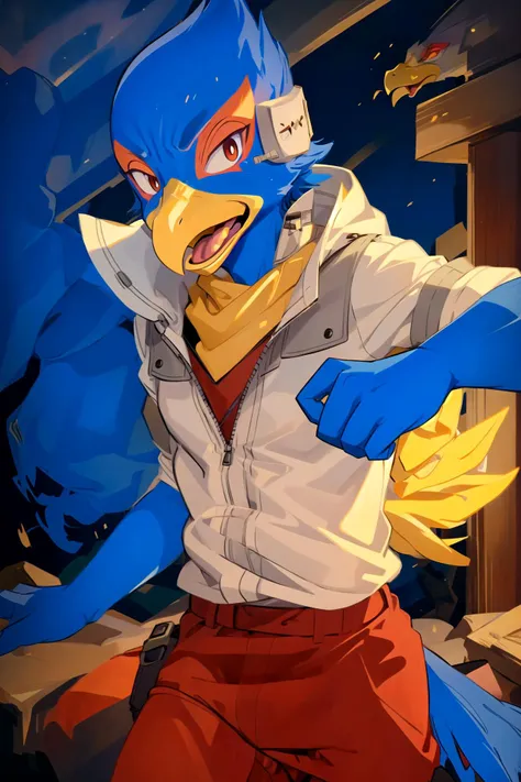 falco, falclothes, male, dramatic lighting, single light source, looking at viewer, telling a scary story, open mouth, scary expression, nighttime, outdoors, spooky,