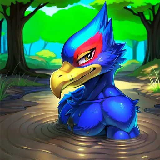 <lora:partially_submerged:1> 1boy, partially submerged, portrait, falco, (winged-arms), anthro, (muscular), (forest background), muddy swamp, smirking, looking at viewers, (best quality), (masterpiece), (anthro), brown mud, by Yoon Cook, by Zankuro, by Kedama Milk