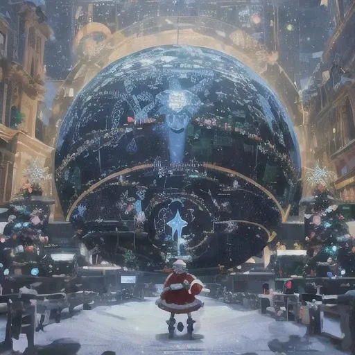 Imagine a futuristic Christmas celebration set in a world where technology and tradition seamlessly merge. Generate a scene that showcases advanced holiday decorations, futuristic Santa Claus, and innovative ways people celebrate Christmas in a world where creativity knows no bounds.