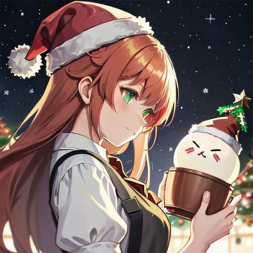 Christmas Theme,  1 girl,  solo,  green eyes,  santa hat,  holding lights,  happy,   two tone hair, red hair, green hair, long hair,  bangs,  hair_ornament,  puffy_sleeves,  shirt,  short_sleeves,  suspenders,  vfxfriday,  cottagepunk,  rtx, studio anime, profile, from the side, amazing detail, ultra sharp, norwegian christmas,  unreal engine 5, nijijourney style