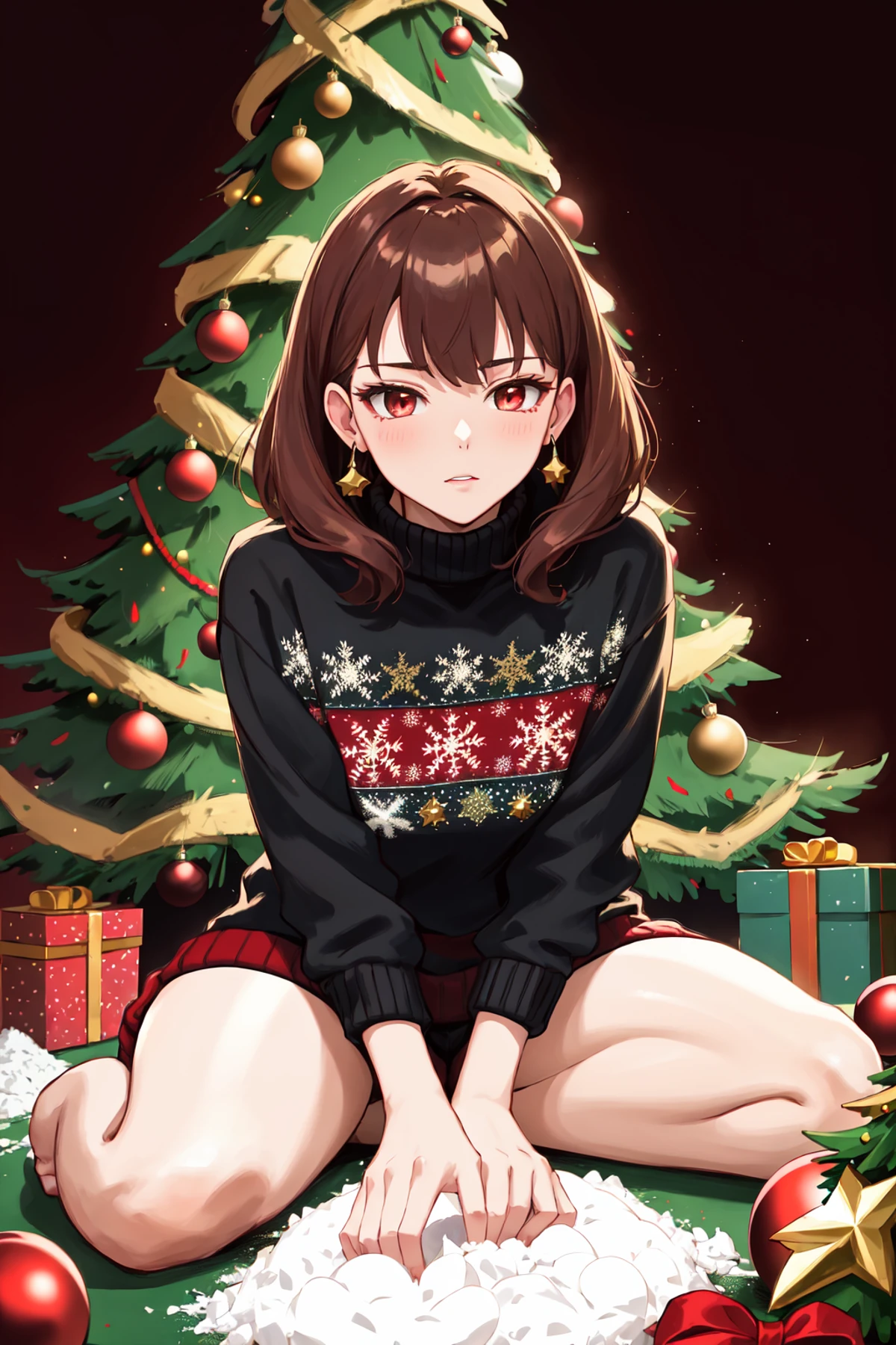 a young woman wearing an ugly sweater and sitting on a floor near christmas tree snorting cocaine, drugcore, in the style of light red and dark brown, romantic motifs, ferrania p30, princesscore, bold colors, strong lines, feminine body, milleniwave,