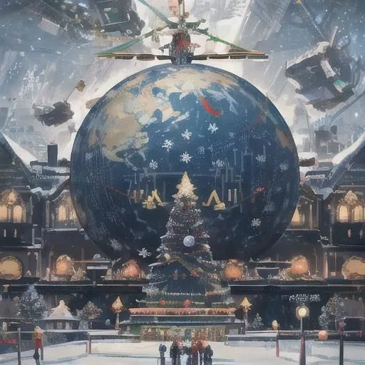 Imagine a futuristic Christmas celebration set in a world where technology and tradition seamlessly merge. Generate a scene that showcases advanced holiday decorations, futuristic Santa Claus, and innovative ways people celebrate Christmas in a world where creativity knows no bounds.