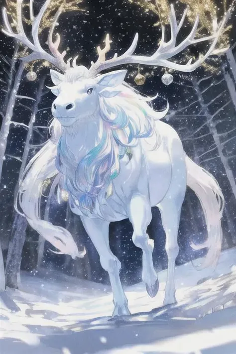 a pearlescent white stag with baubles on his antlers and vividly multicolored flecks of light floating above and around his head, striding through a snow-covered pine forest, 3/4 angle,