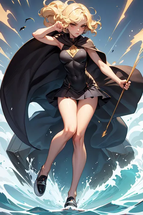(masterpiece, best quality), 1girl, female early twenties, solid, maori, dark brown eyes, short nose, pointed chin with cleft, asymmetrical cheeks, diamond face shape, long legs, , blonde
curly haircut hair, rage
wearing microfiber hipster, cut-out top, boat shoes, cape
, hands clenching into fists, indicating anger or frustration ,