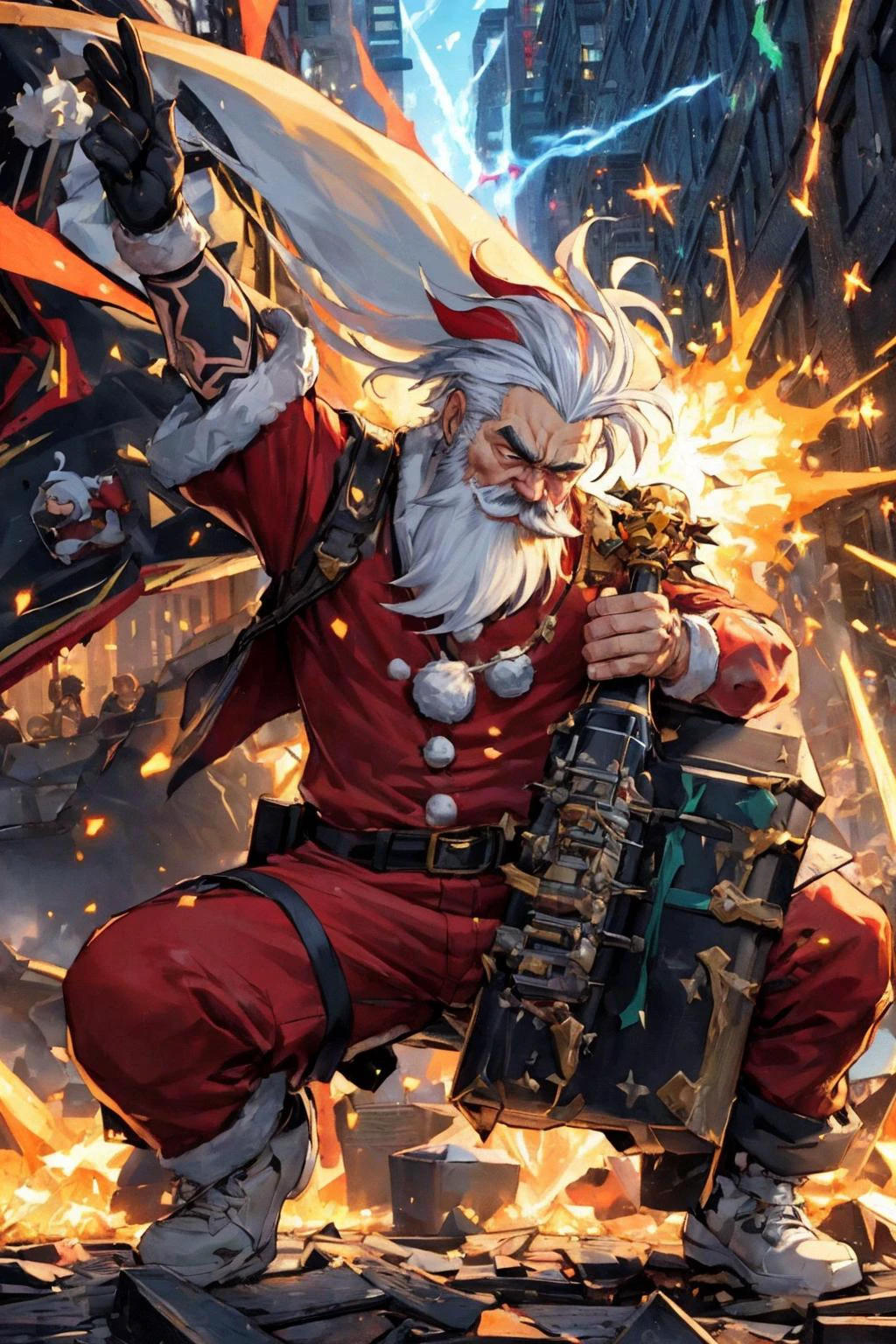 (SFW), legendary outsider santa claus,
he is saint punk, brutal tattoos, fashionable, sophisticated, (wearing santa clothes),
outdoor, in public, rampage in the city with saint guitar, in saint night, in front of christmas tree,
initial impulse, destructive impulse, destroyism, no future, anarchism, god save the queen, irony,
(((extreme dynamic snapshot), explode saint energy and dynamism)), full body,
(masterpiece), (best quality), (extremely detailed), (vivid colorful image),
crisp image, sharp image, clear image, vivid image, noiseless image,
finely detailed body, detailed hair, detailed face detailed eyes,
extreme detailed background,