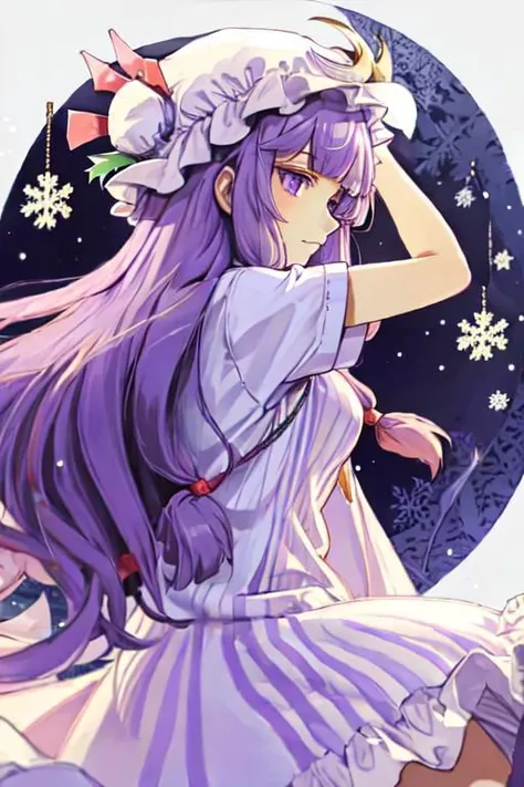 masterpiece, best quality, highres, 
patchouli knowledge, 1girl,purple hair,purle eyes,long hair, mob cap,crescent hat ornament, ribbon,dress,
Christmas Theme, 
profile, from the side, amazing detail, ultra sharp, norwegian christmas, unreal engine 5, nijijourney style