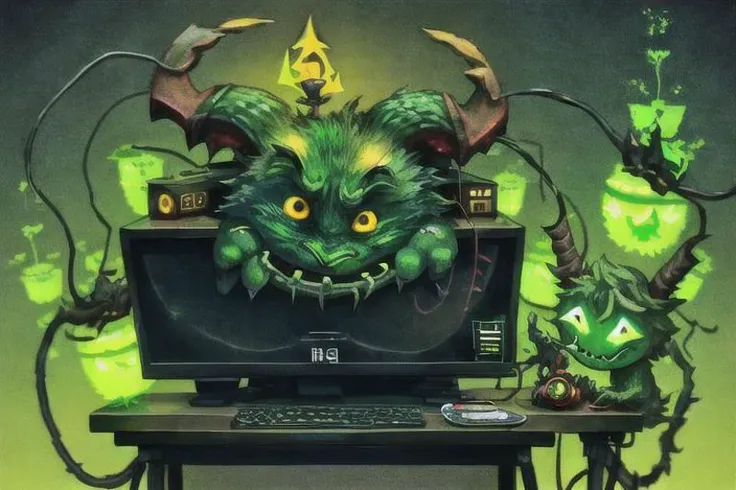 a computer desk with a small green Krampus creature gnawing on the power cable,