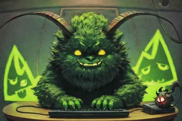 a computer desk with a small green Krampus creature gnawing on the power cable,