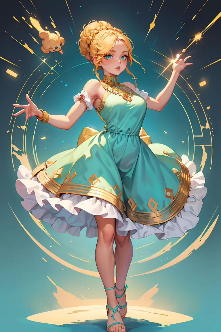 (masterpiece, best quality), 1girl, female youth, robust, sub-saharan african, turquoise eyes, short nose, unusual jaw, plump cheeks, low forehead, pear face shape, , ginger
milkmaid braid hair, joy
wearing peasant dress, __bo/properties/color__ dalmatian print chenille
chemise, platform sandals,
, standing with weight shifted to one leg, suggesting ease ,