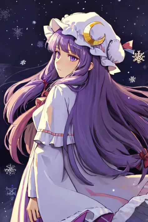 masterpiece, best quality, highres, 
patchouli knowledge, 1girl,purple hair,purle eyes,long hair, mob cap,crescent hat ornament, ribbon,dress,
Christmas Theme, 
profile, from the side, amazing detail, ultra sharp, norwegian christmas, unreal engine 5, nijijourney style