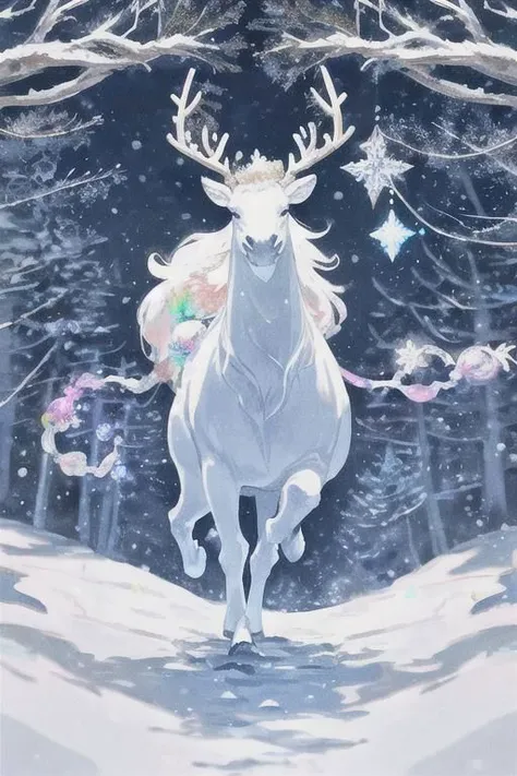 a pearlescent white stag with baubles on his antlers and vividly multicolored flecks of light floating above and around his head, striding through a snow-covered pine forest, 3/4 angle,