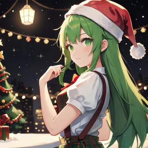 Christmas Theme,  1 girl,  solo,  green eyes,  santa hat,  holding lights,  happy,   two tone hair, red hair, green hair, long hair,  bangs,  hair_ornament,  puffy_sleeves,  shirt,  short_sleeves,  suspenders,  vfxfriday,  cottagepunk,  rtx, studio anime, profile, from the side, amazing detail, ultra sharp, norwegian christmas,  unreal engine 5, nijijourney style