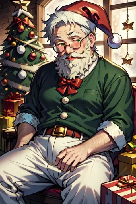 teamgreenstyle, Santa Claus, old man, ,sitting, cozy workshop, white beard, glasses, toys, candy canes. fireplace in the background