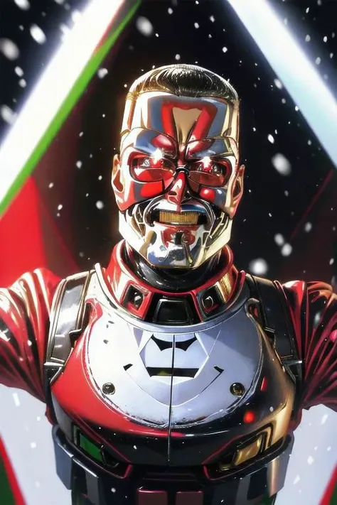 Perfectly-centered portrait-photograph of man terminator in a (santa suit:1.3) with packages, in the style of subversive art, playful, youthful images, poolcore, rtx on, candid moments captured, snow scenes, cut/ripped ,