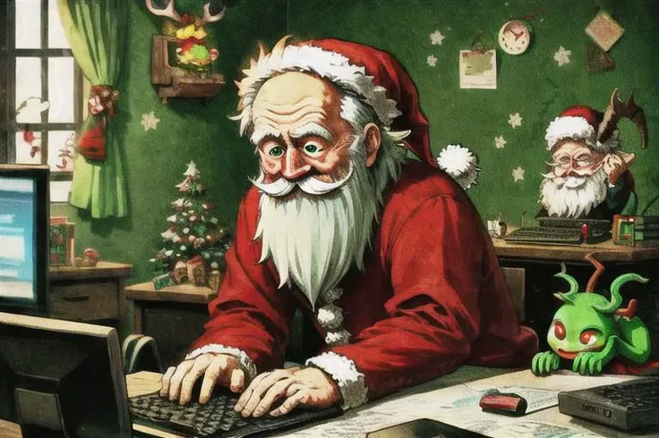 Santa at his computer, watching in surprise as a small green Krampus creature emerges from the computer screen