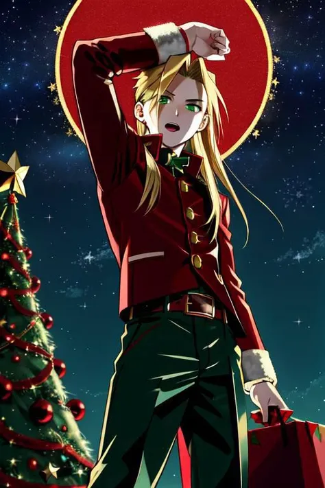 Edward Elric, male focus, santa hat, green outfit, christmas tree, starry sky, absurdres, masterpiece, ultra sharp, hires, rtx
