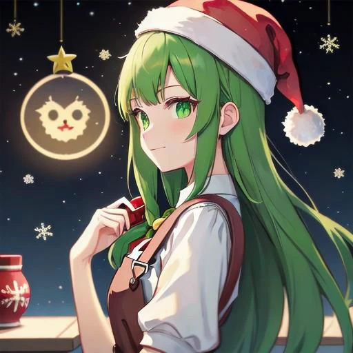 Christmas Theme, 1 girl, solo, green eyes, santa hat, holding lights, happy, two tone hair, red hair, green hair, long hair, bangs, hair_ornament, puffy_sleeves, shirt, short_sleeves, suspenders, vfxfriday, cottagepunk, rtx, studio anime, profile, from the side, amazing detail, ultra sharp, norwegian christmas, unreal engine 5, nijijourney style
