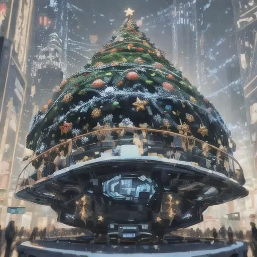 Imagine a futuristic Christmas celebration set in a world where technology and tradition seamlessly merge. Generate a scene that showcases advanced holiday decorations, futuristic Santa Claus, and innovative ways people celebrate Christmas in a world where creativity knows no bounds.