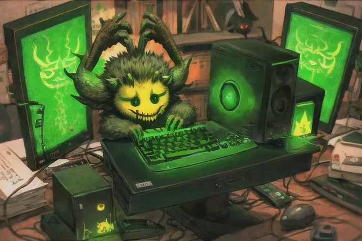 a computer desk with a small green Krampus creature gnawing on the power cable,
