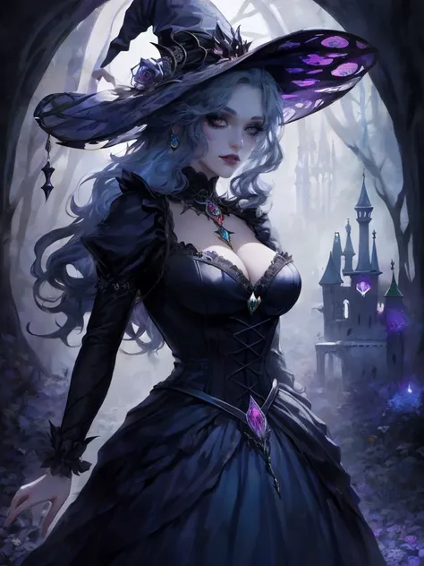 award-winning photography of 1girl, posing for a photo shoot, beautiful, fantastical two toned colorful hair, gothic make up, wearing a diadem, witch symbols on skin, (enchanted and whimsical wonderland in background: 1.3), cowboy shot, sfw, tale, magical, ultra realistic