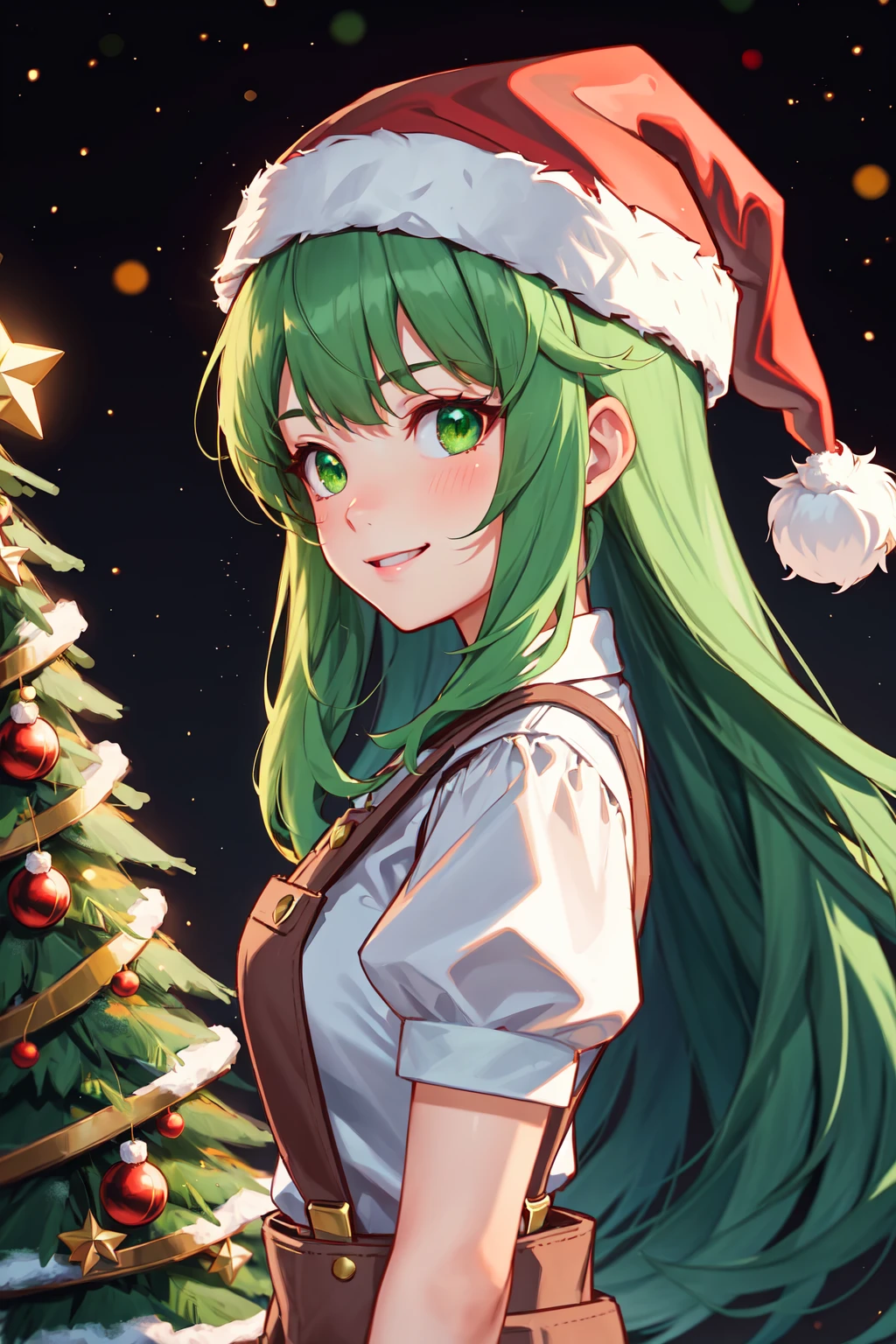 Christmas Theme, 1 girl, solo, green eyes, santa hat, holding lights, happy, two tone hair, red hair, green hair, long hair, bangs, hair_ornament, puffy_sleeves, shirt, short_sleeves, suspenders, vfxfriday, cottagepunk, rtx, studio anime, profile, from the side, amazing detail, ultra sharp, norwegian christmas, unreal engine 5, nijijourney style