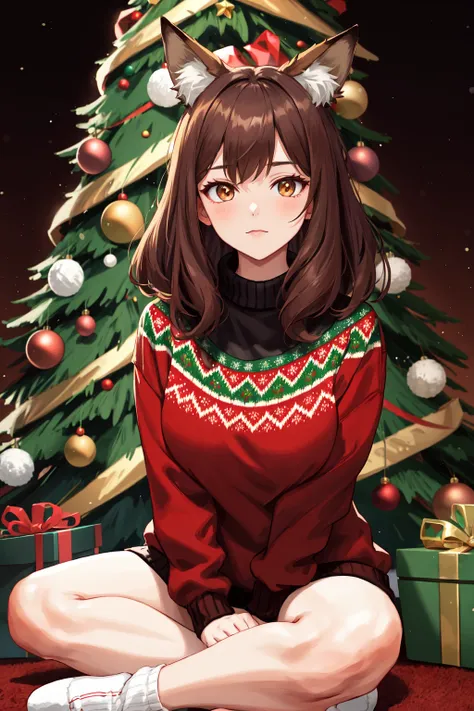 a young fox woman wearing an ugly sweater and sitting on a floor near christmas tree , in the style of light red and dark brown, romantic motifs, bold colors, strong lines, feminine body, milleniwave,