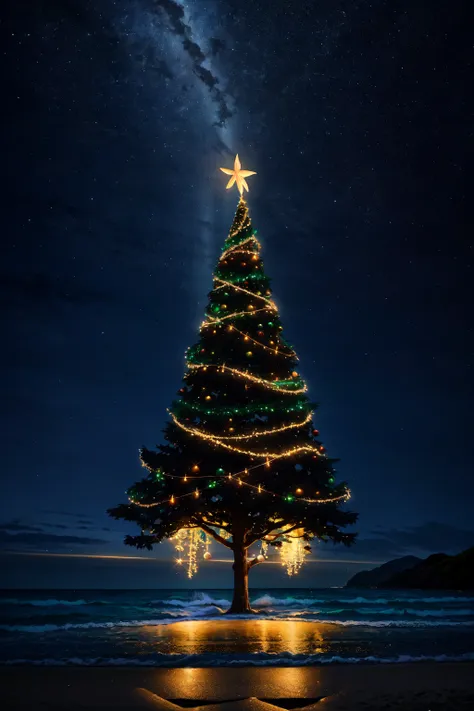 Pohutakawa Tree, Christmas lights, but at the beaches of new zealand, midsummer, rembrandt lighting, extreme wideshot, masterpiece, extreme light and shadow,  Earth-QualityPos