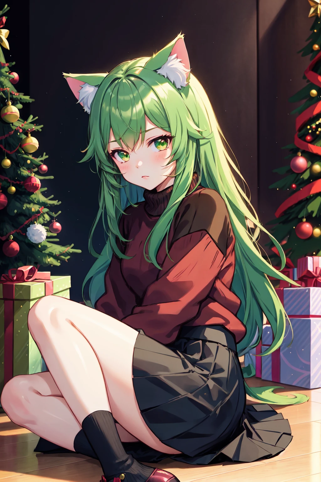 a young catgirl with green hair wearing an ugly sweater and a long skirt, cat ears, animal ears, sitting on a floor near christmas tree , in the style of light red and dark brown, strong lines, feminine body, millenial synthwave, official art, manga illustration, faded memories, inked lines, visual kei motifs