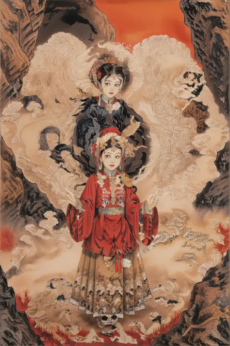 high quality,diyu, 1girl,skulls, in hell,hanfu, <lora:hanfu_v30Ming:0.8>,realistic,
