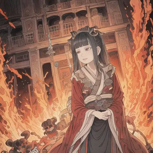 masterpiece, best quality, high quality,diyu, 1girl,skulls, in hell,hanfu, realistic, long sleeves, fire, black hair, <lora:diyu:0.6:1,0.1,1,1,0.05,0.1,0,0,0,0,0,0.8,1,1,1,1,1> ,<lora:xuanxue_v2.0:0.6>