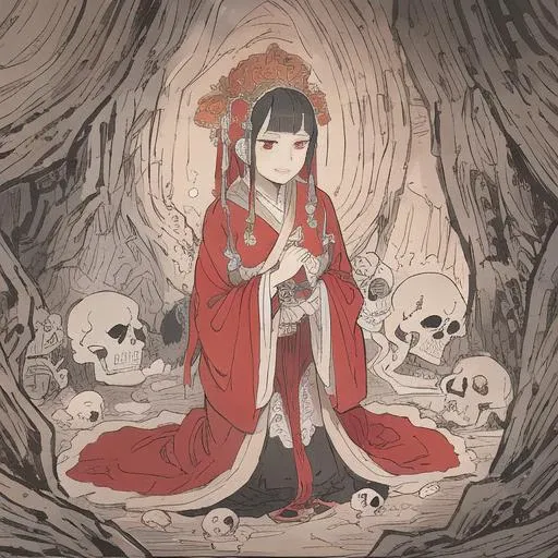 masterpiece, best quality, 1girl,robe\(hanfu\), red eyes, black hair, ribbon, solo , <lora:diyu:0.5> ,skulls on the ground, <lora:xuanxue_v2.0:0.4>